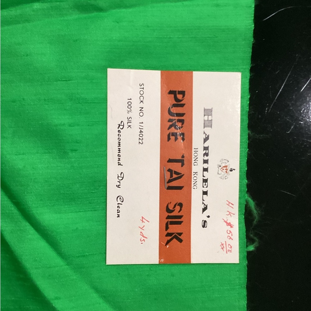 Pure Tai Silk, bought in Hong Kong in late 60’s. 4 yds of Beautiful green silk